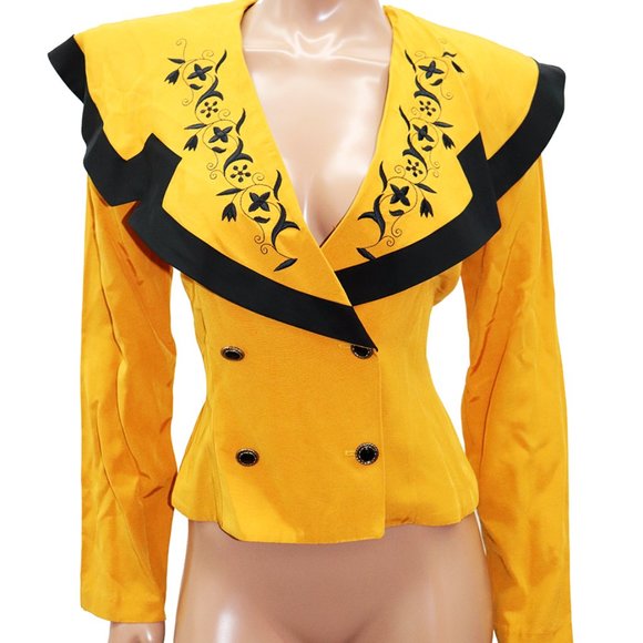 La Fugue Vintage Sailor Collar Double Breasted Yellow Blazer Flower Embroidery - Picture 1 of 6
